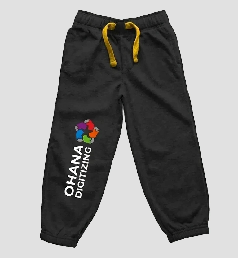 A pair of black trouser with Ohana Digitizing logo